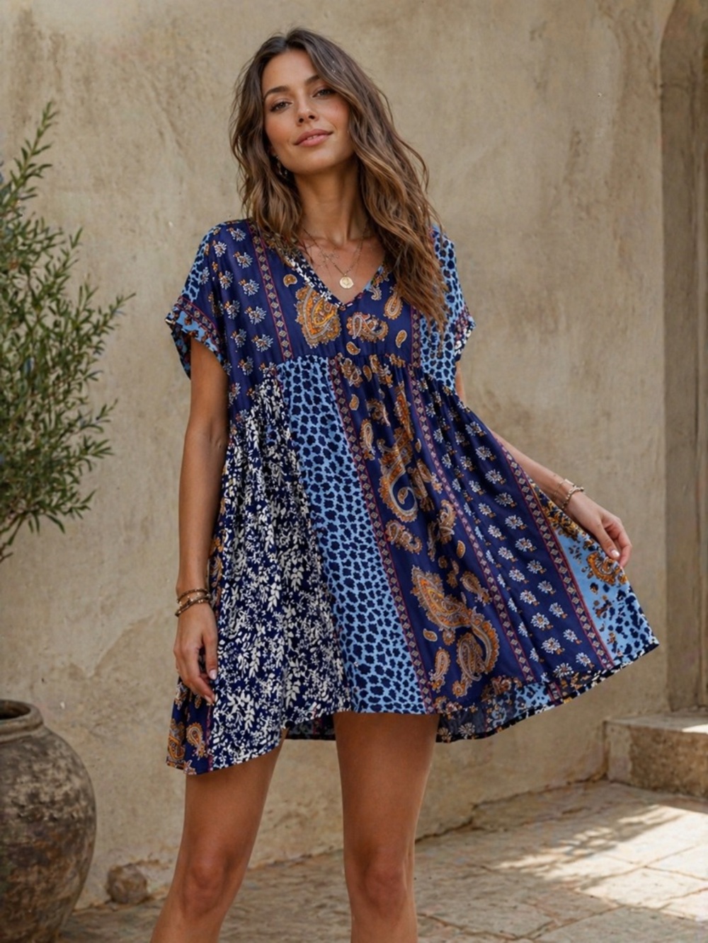 Haptics Womens Bohemian Patchwork Babydoll Dress Small Festival Mediterranean